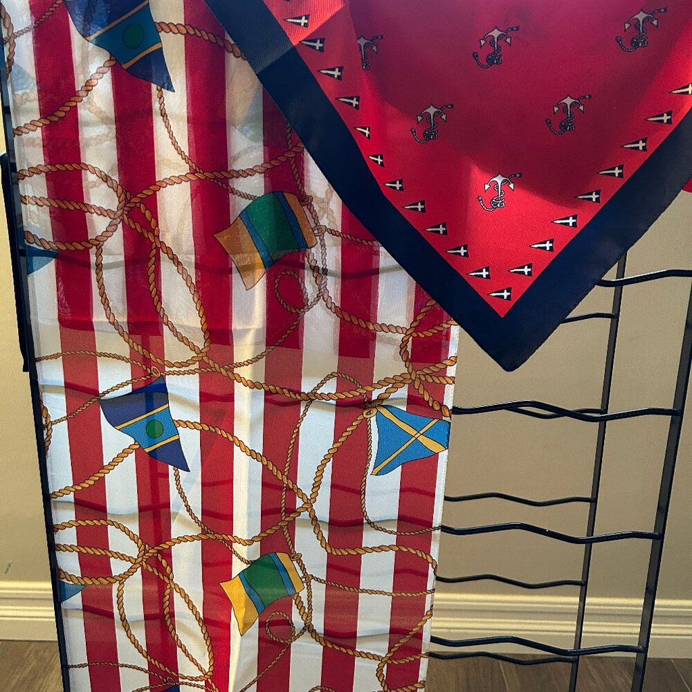 Nice Lot of 2 Nautical Themed Scarves Oblong & Square - Silk & Poly ~Pretty!